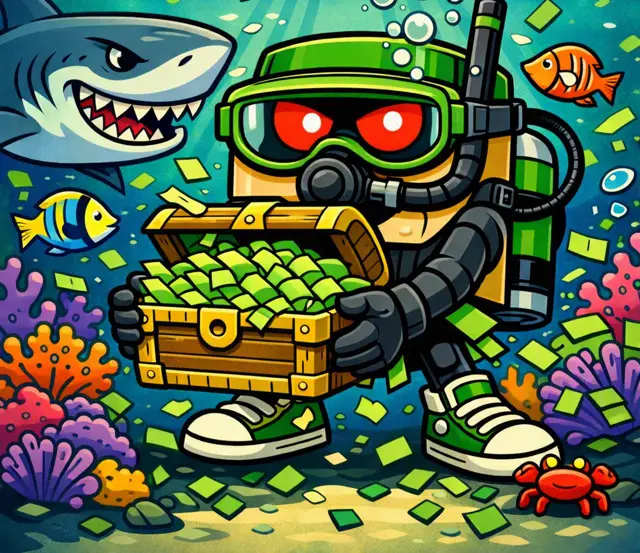 Scuba Shreddy holding a treasure chest of cash