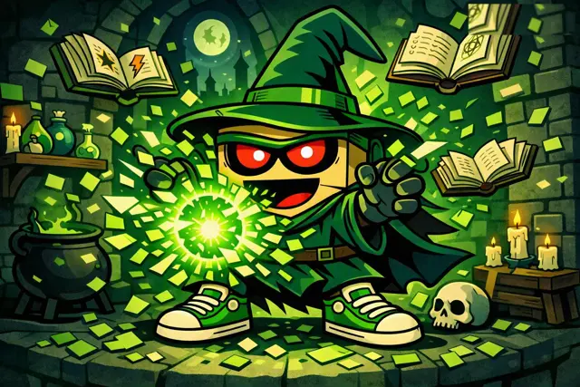 Shreddy as a wizard casting a cash spell