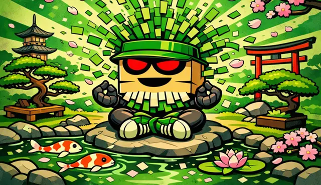 Shreddy meditating in a zen garden